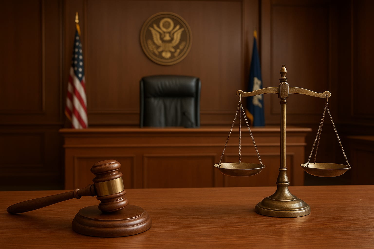 Courtroom and scales of justice